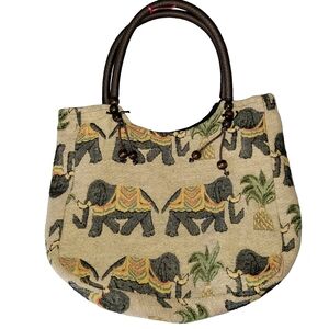 Boho Elephant Tapestry Tote Bag - Woven Shoulder Bag Rope Handles & Bead Tassels